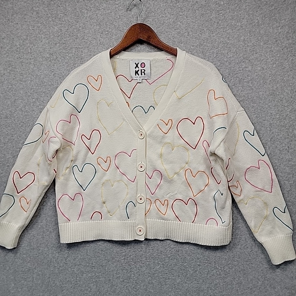 XOKR Kerri Rosenthal Sweater Small Colorful Heart Embroidered Cropped Cardigan